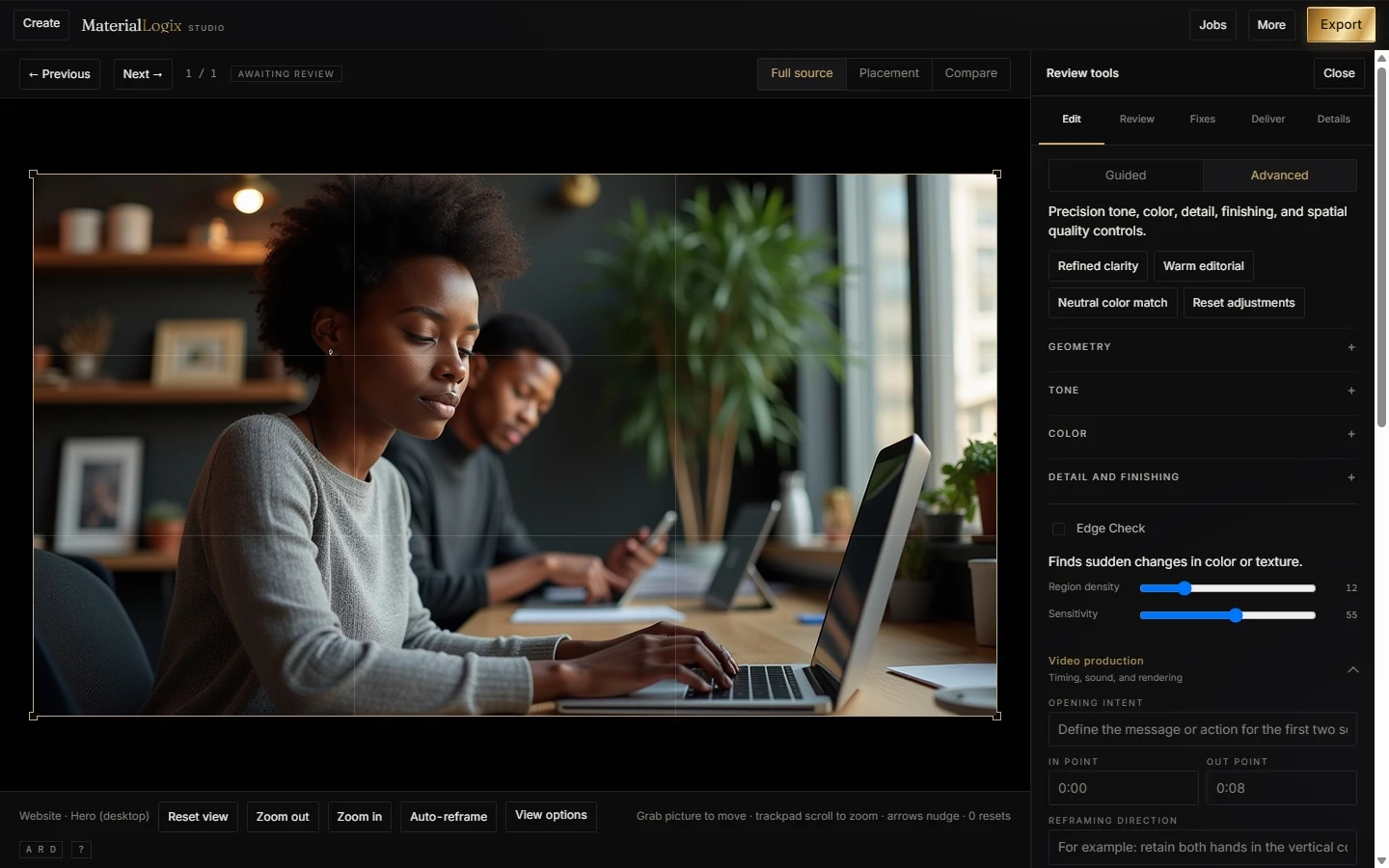 The MaterialLogix Video editing interface