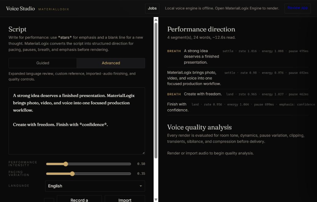 Current Material Logic Voice Studio interface